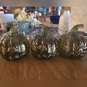 Papyrus Pumpkin Decor Set Of 3 - Olive Green and Gold painted Floral Design